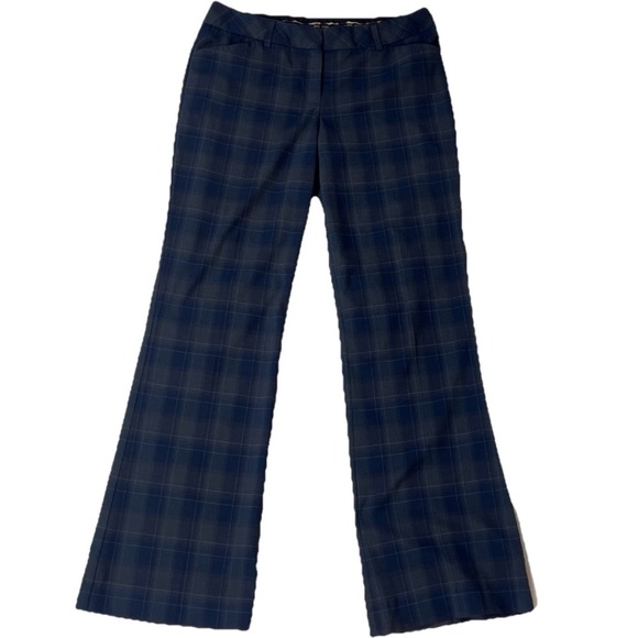 Express Editor Mid Rise Flare Pants Blue Gray Plaid  Women’s 4 Trousers Stretch - Picture 1 of 9
